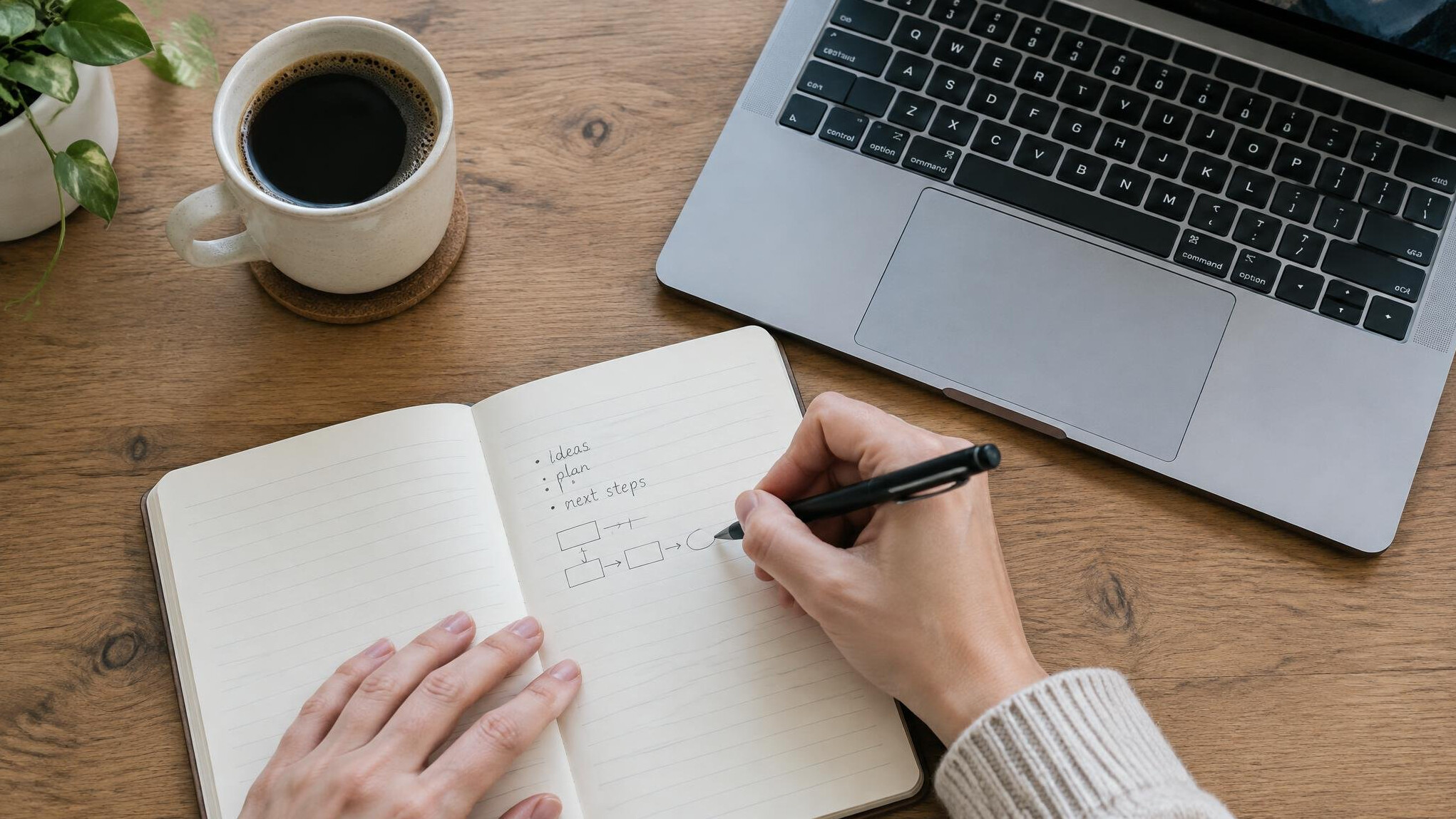Hands writing notes next to a laptop on a desk