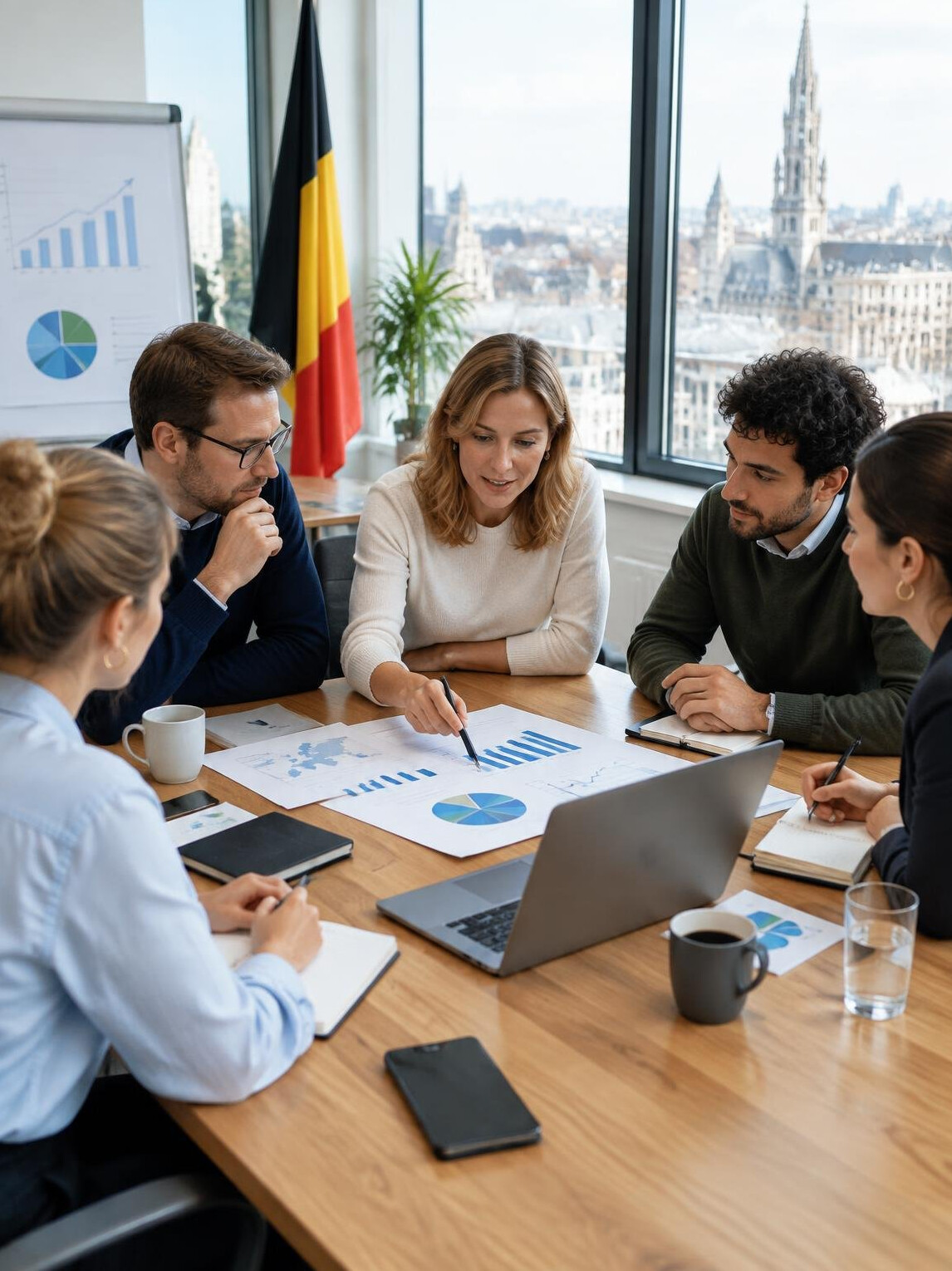 Business professionals discussing strategy around a table